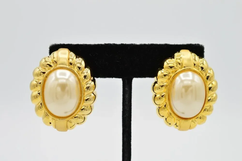 Vintage Clip On Earrings Brushed Gold Chunky Oval Pearl Chunky Signed 1980s 9L